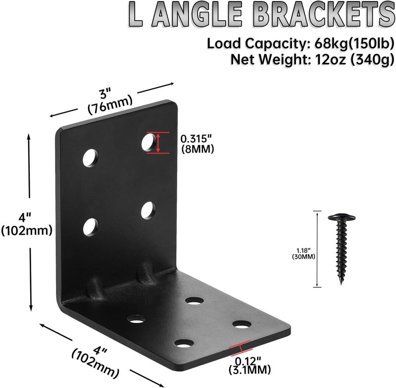MOZCORN 8 PCS Heavy Duty Steel Corner Brackets, 4"x4"x3" 90 Degree L Right Angle Bracket, DIY L Shelf Brackets, Metal Joint Timber Connector Support for Wood Shelves, Furniture - Image 2